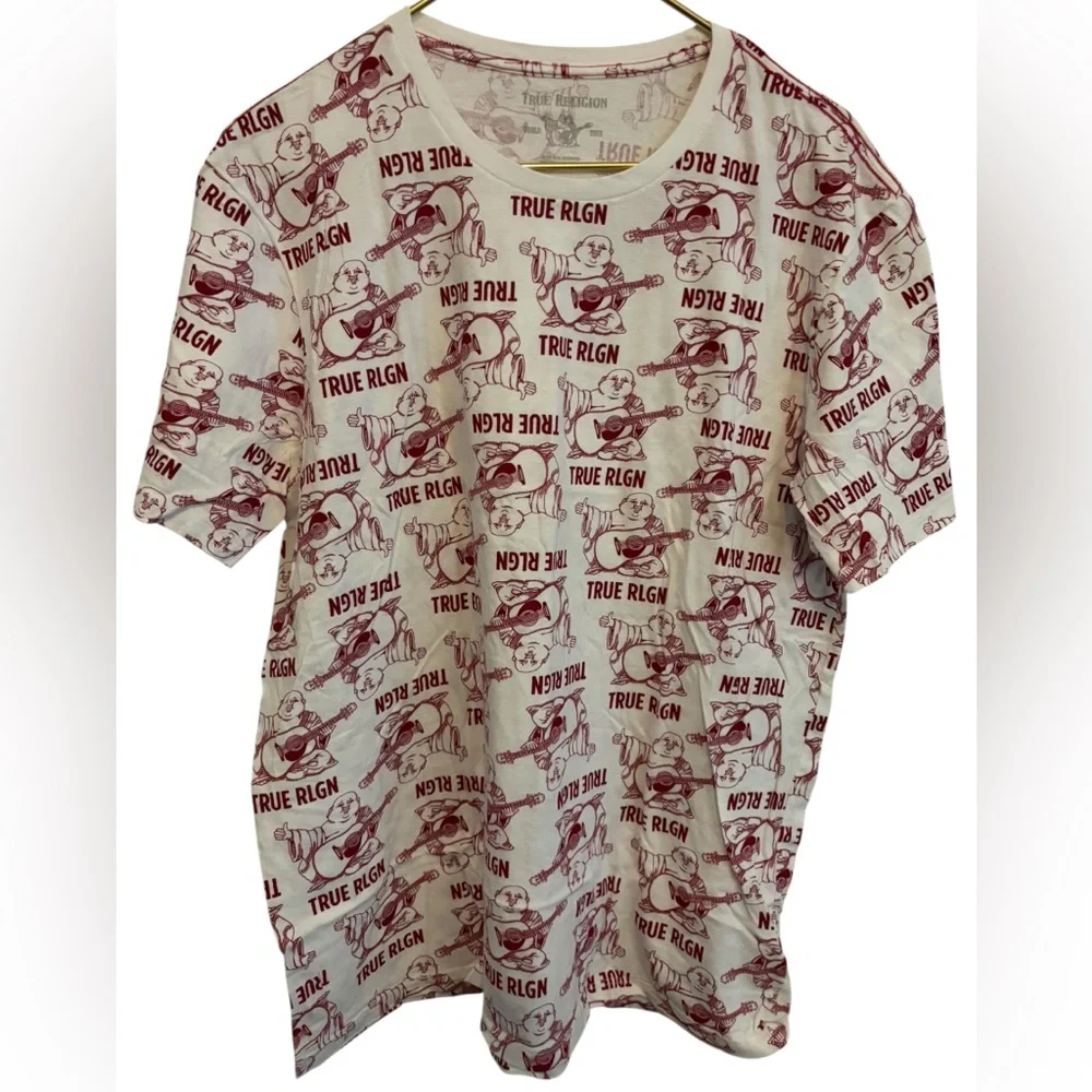 True Religion Men's Cream and Red Graphic Tee